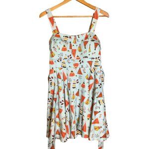 Ixia Women's Teepee Leaf Print Fit and Flare Dress Sleeveless Blue Size Large